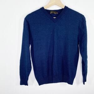 Harrison Navy Blue Merino Wool Sweater Men Sz S V Neck Old Money Quiet Luxury